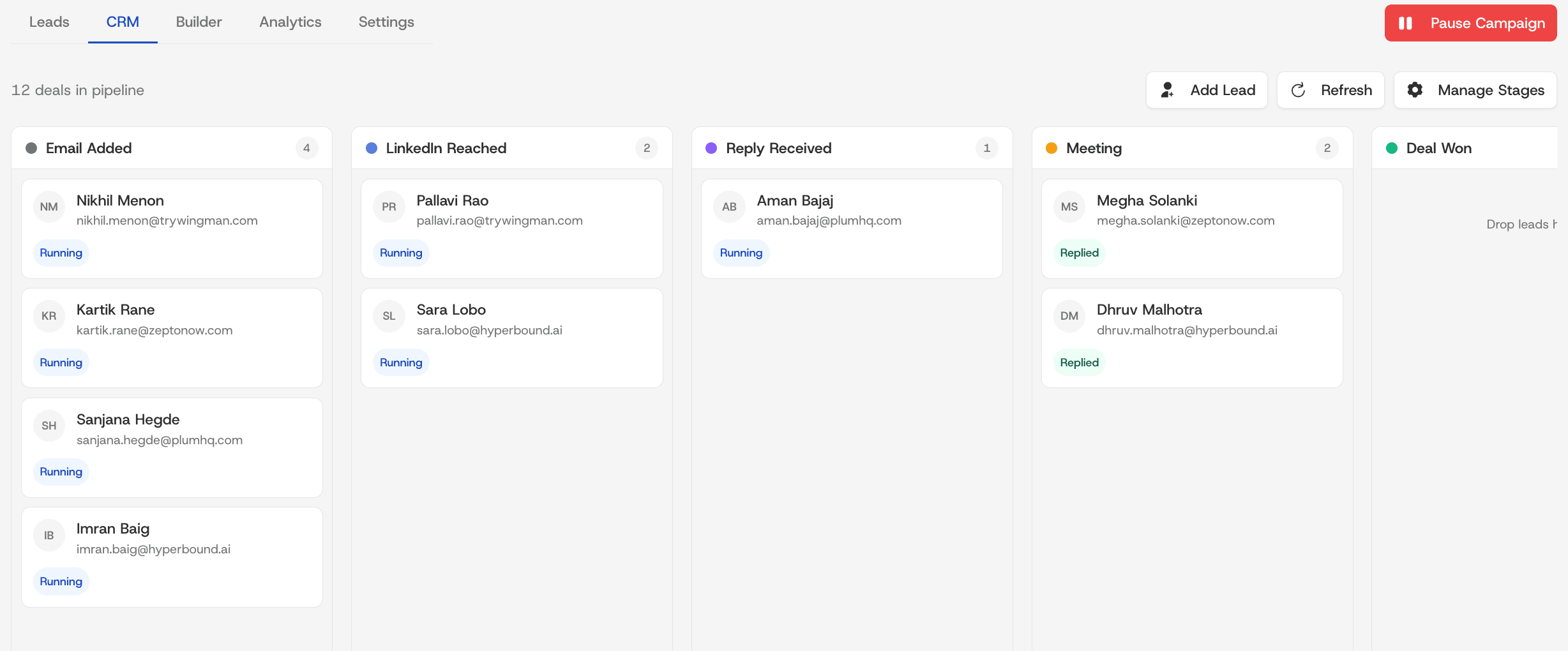 The CRM board, with deals across Email Added, LinkedIn Reached, Reply Received and Meeting